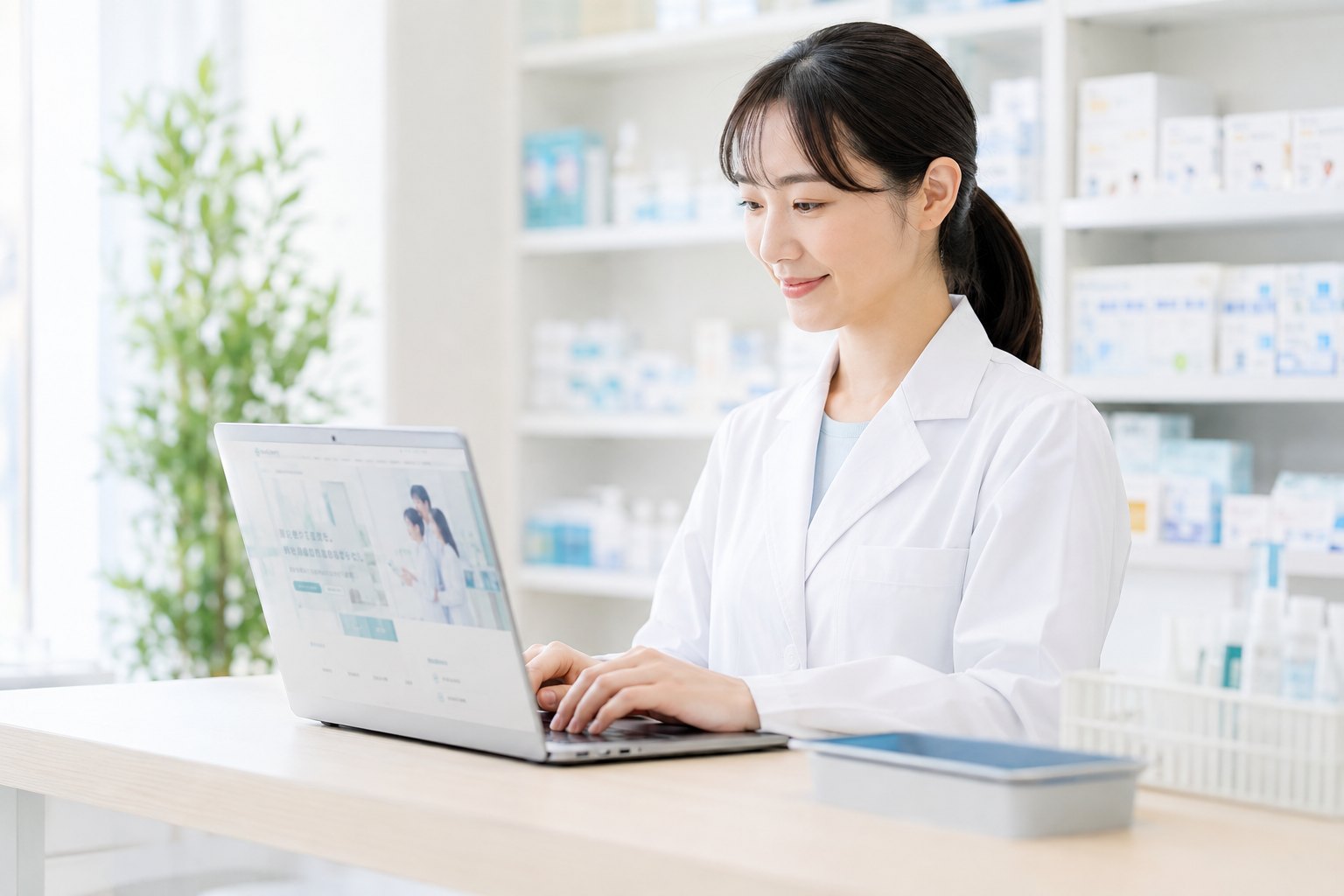 ノートパソコンでホームページを確認する薬剤師